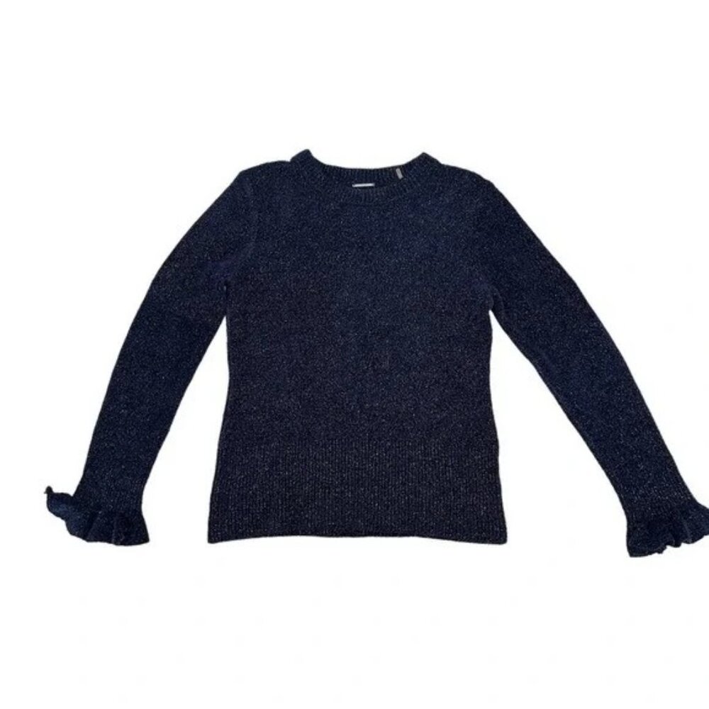 Elie Tahari Sweater Embla Metallic Shimmer Long Sleeve Ruffle Cuff Large Navy